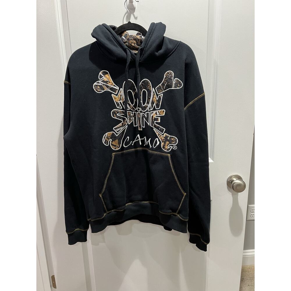 Moonshine Hoodie Sweatshirt Mens Sz L Black Camo Pullover Embroidered Hunting